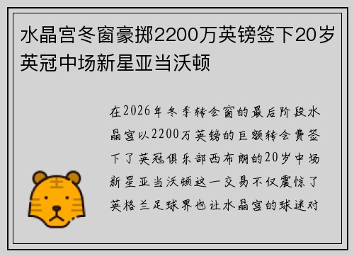 水晶宫冬窗豪掷2200万英镑签下20岁英冠中场新星亚当沃顿 水晶宫冬窗豪掷2200万英镑签下20岁英冠中场新星亚当沃顿