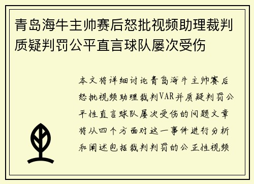 青岛海牛主帅赛后怒批视频助理裁判质疑判罚公平直言球队屡次受伤