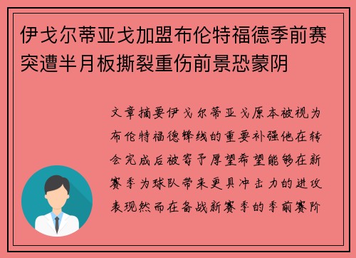 伊戈尔蒂亚戈加盟布伦特福德季前赛突遭半月板撕裂重伤前景恐蒙阴 伊戈尔蒂亚戈加盟布伦特福德季前赛突遭半月板撕裂重伤前景恐蒙阴
